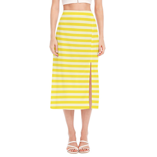 Yellow Striped Pattern Print Side Slit Midi Skirt