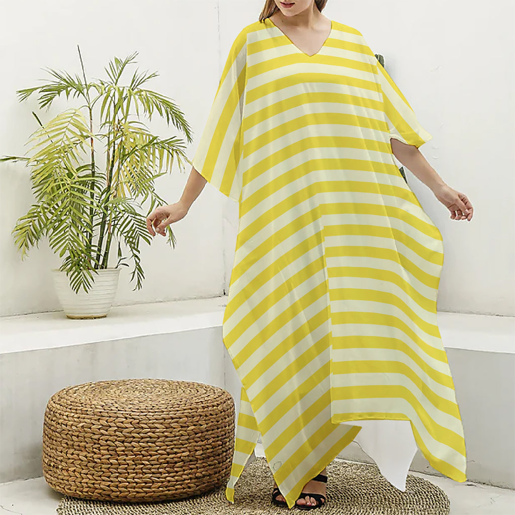 Yellow Striped Pattern Print Silk V-Neck Kaftan Dress