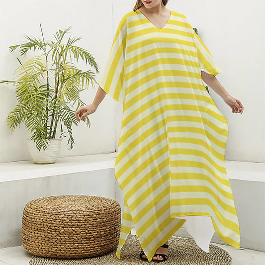 Yellow Striped Pattern Print Silk V-Neck Kaftan Dress