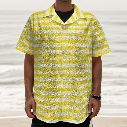 Yellow Striped Pattern Print Textured Short Sleeve Shirt