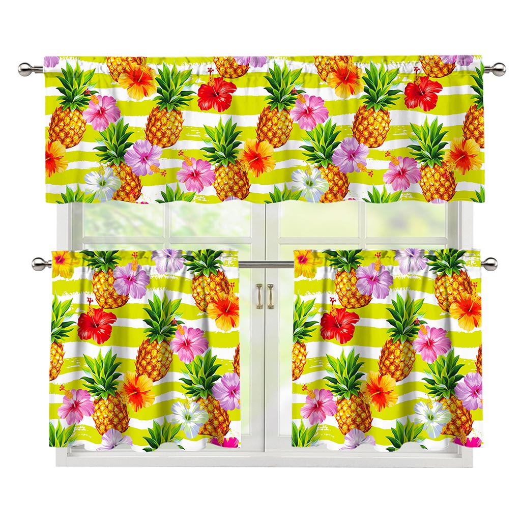 Yellow Striped Pineapple Pattern Print 3 Piece Kitchen Curtains