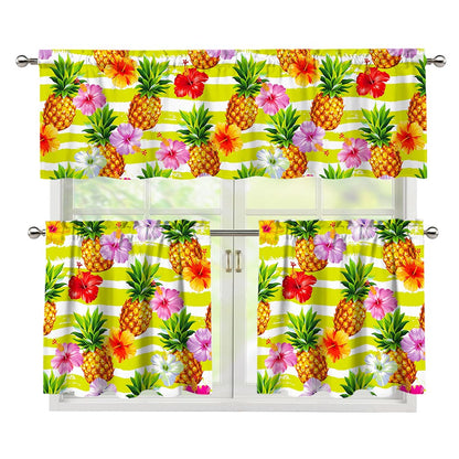 Yellow Striped Pineapple Pattern Print 3 Piece Kitchen Curtains