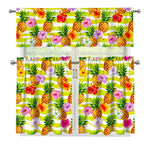 Yellow Striped Pineapple Pattern Print 3 Piece Kitchen Curtains