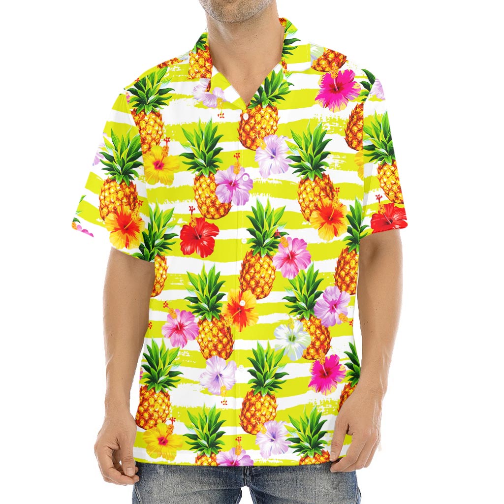 Yellow Striped Pineapple Pattern Print Aloha Shirt