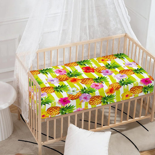 Yellow Striped Pineapple Pattern Print Baby Crib Sheet