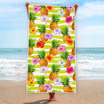 Yellow Striped Pineapple Pattern Print Beach Towel