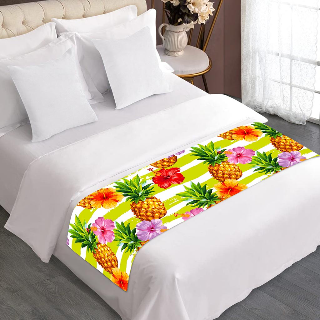 Yellow Striped Pineapple Pattern Print Bed Runner