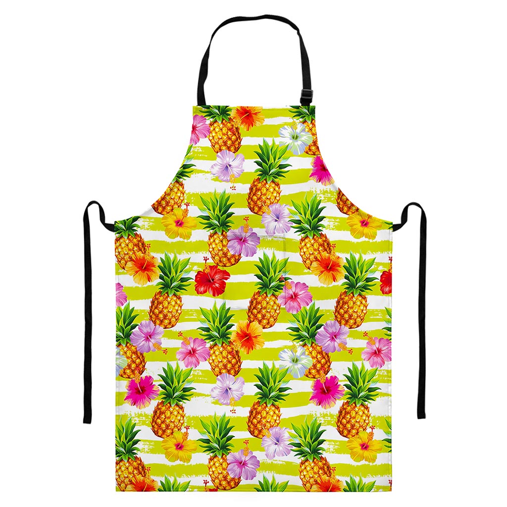 Yellow Striped Pineapple Pattern Print Bib Apron With Pocket
