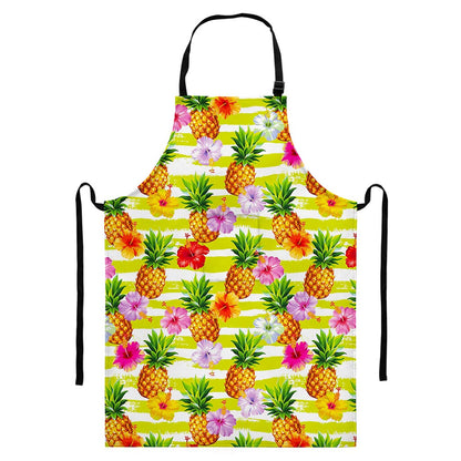 Yellow Striped Pineapple Pattern Print Bib Apron With Pocket
