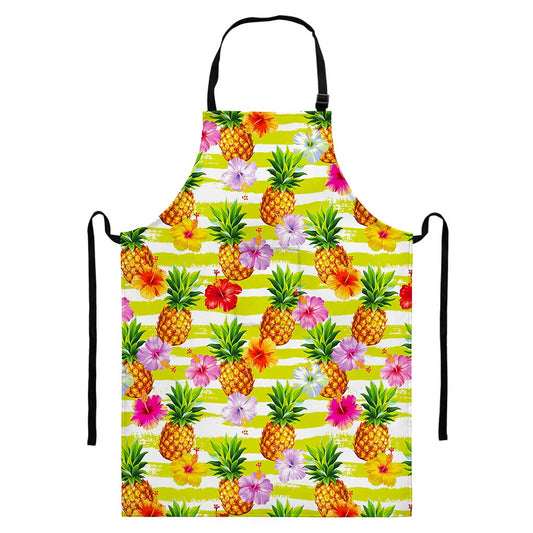 Yellow Striped Pineapple Pattern Print Bib Apron With Pocket