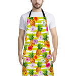Yellow Striped Pineapple Pattern Print Bib Apron With Pocket