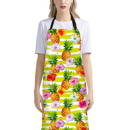 Yellow Striped Pineapple Pattern Print Bib Apron With Pocket