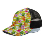 Yellow Striped Pineapple Pattern Print Black Mesh Trucker Cap