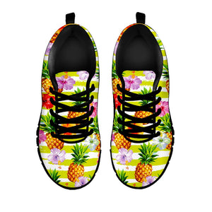 Yellow Striped Pineapple Pattern Print Black Running Shoes