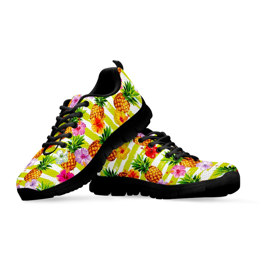 Yellow Striped Pineapple Pattern Print Black Running Shoes