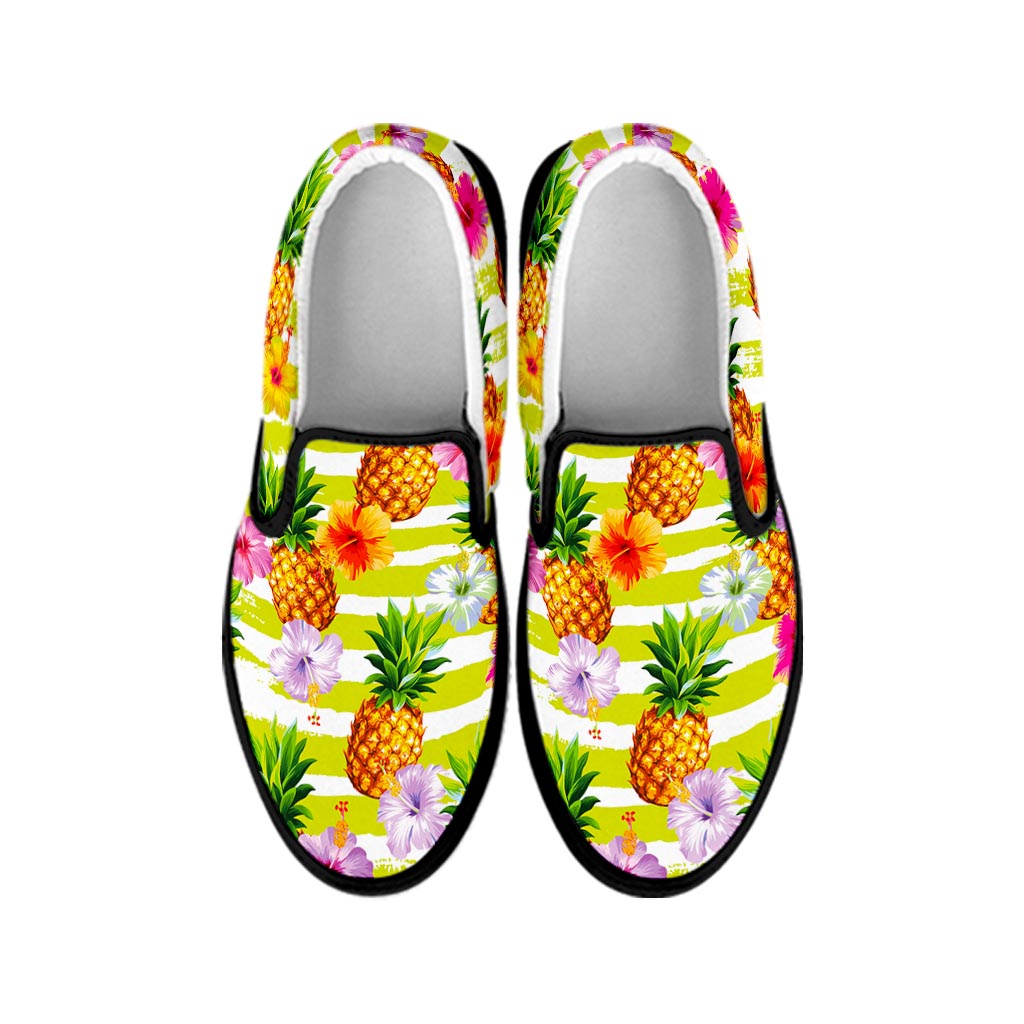 Yellow Striped Pineapple Pattern Print Black Slip On Sneakers