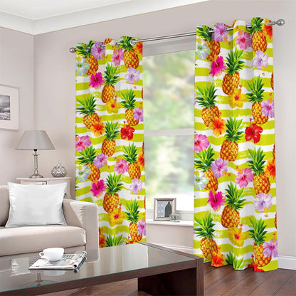 Yellow Striped Pineapple Pattern Print Blackout Grommet Curtains