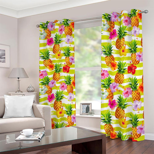Yellow Striped Pineapple Pattern Print Blackout Grommet Curtains