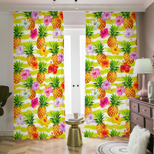 Yellow Striped Pineapple Pattern Print Blackout Pencil Pleat Curtains