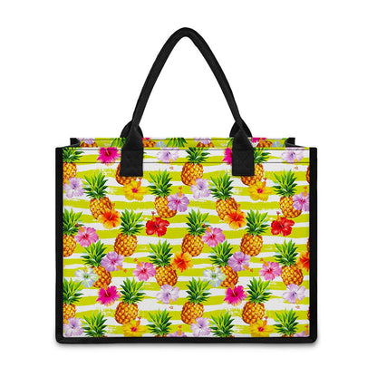 Yellow Striped Pineapple Pattern Print Canvas Tote Bag