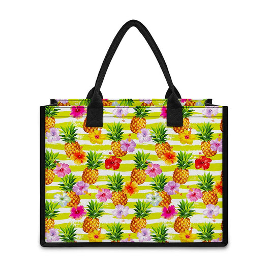 Yellow Striped Pineapple Pattern Print Canvas Tote Bag