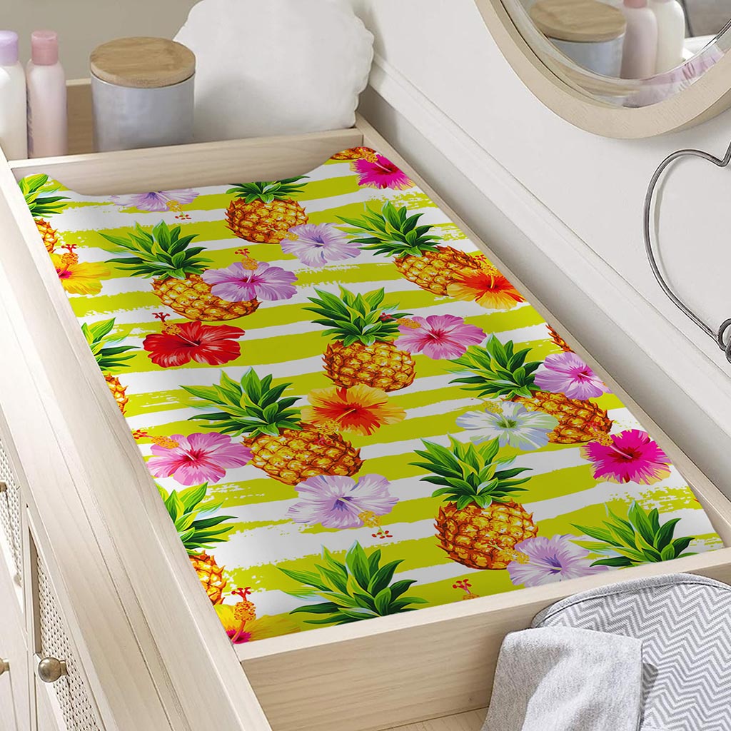 Yellow Striped Pineapple Pattern Print Changing Pad Cover