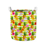 Yellow Striped Pineapple Pattern Print Collapsible Laundry Basket