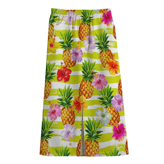 Yellow Striped Pineapple Pattern Print Cotton Front Slit Maxi Skirt