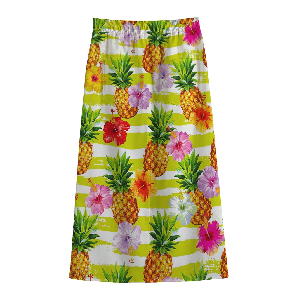 Yellow Striped Pineapple Pattern Print Cotton Front Slit Maxi Skirt
