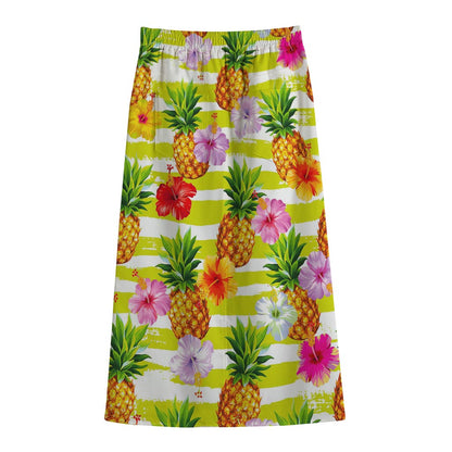Yellow Striped Pineapple Pattern Print Cotton Front Slit Maxi Skirt