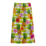 Yellow Striped Pineapple Pattern Print Cotton Front Slit Maxi Skirt
