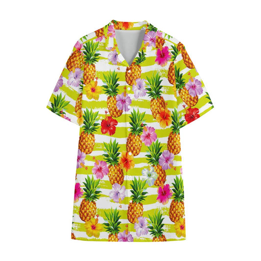 Yellow Striped Pineapple Pattern Print Cotton Hawaiian Shirt