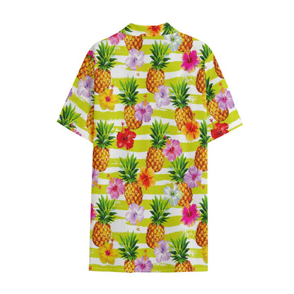 Yellow Striped Pineapple Pattern Print Cotton Hawaiian Shirt