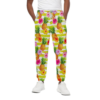 Yellow Striped Pineapple Pattern Print Cotton Pants