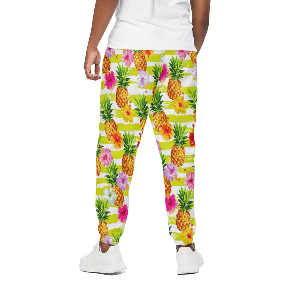 Yellow Striped Pineapple Pattern Print Cotton Pants