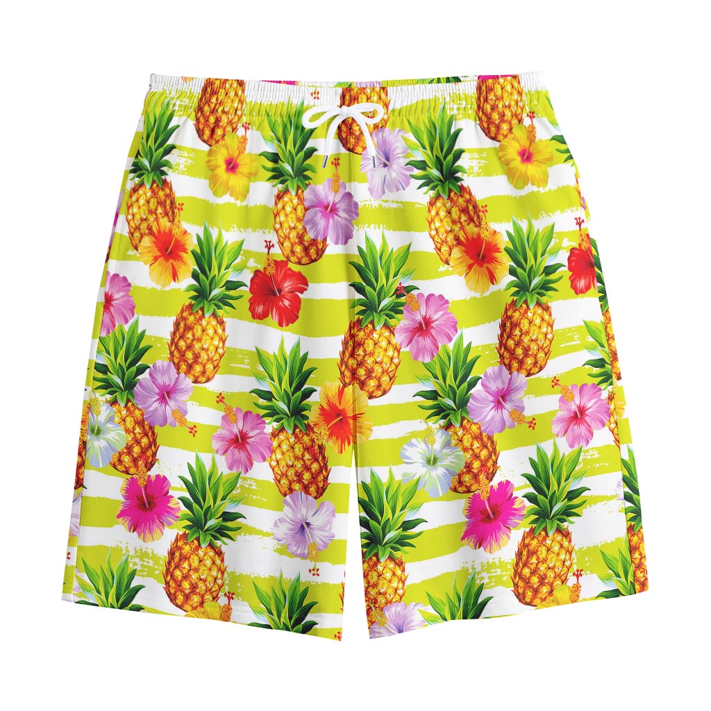 Yellow Striped Pineapple Pattern Print Cotton Shorts