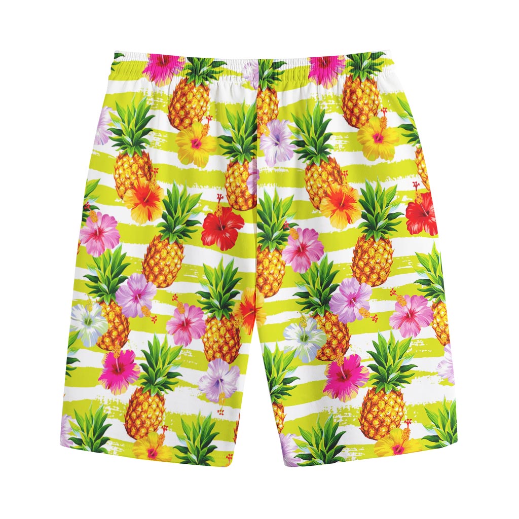 Yellow Striped Pineapple Pattern Print Cotton Shorts