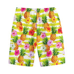 Yellow Striped Pineapple Pattern Print Cotton Shorts