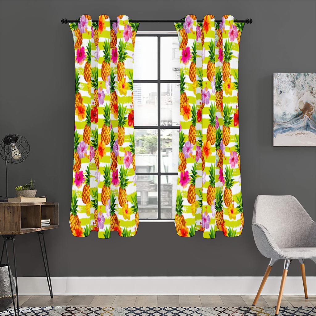 Yellow Striped Pineapple Pattern Print Curtain