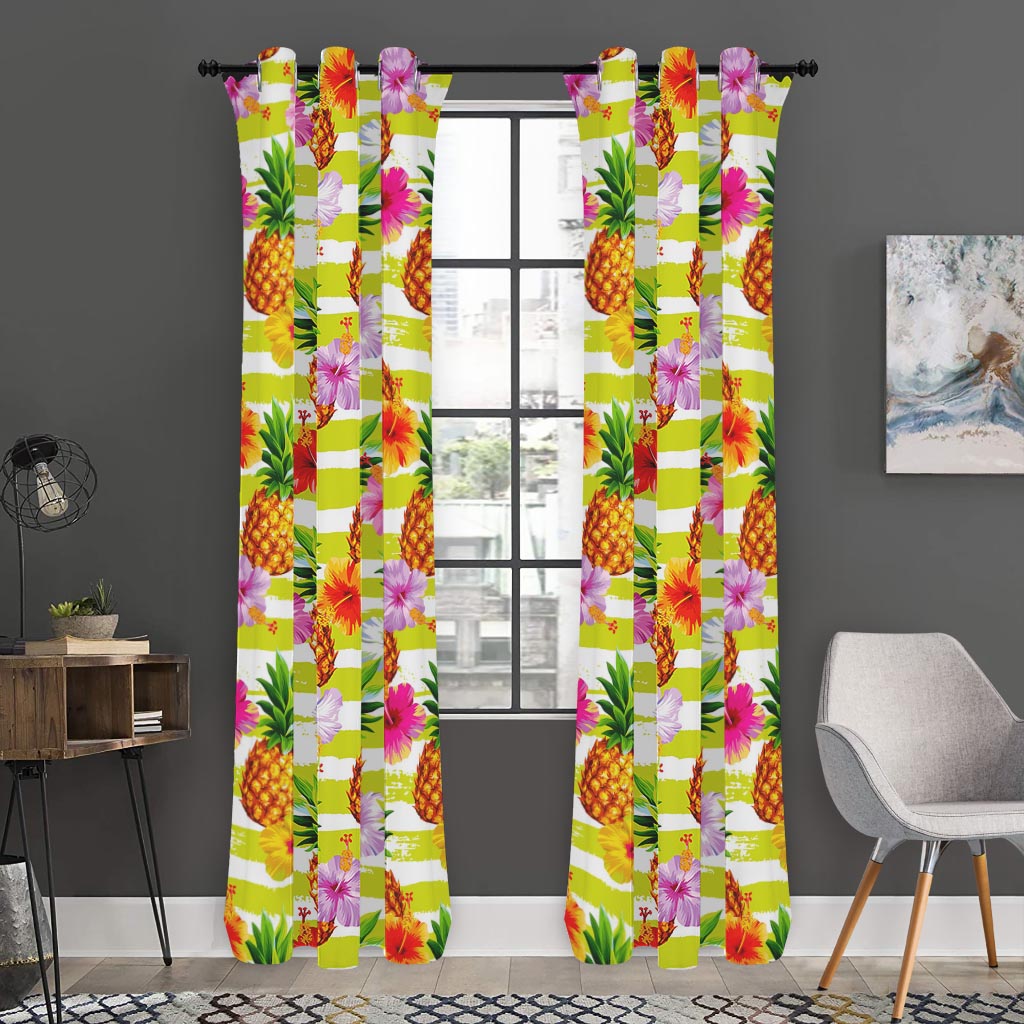 Yellow Striped Pineapple Pattern Print Curtain