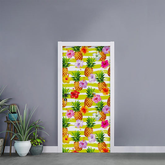Yellow Striped Pineapple Pattern Print Door Sticker