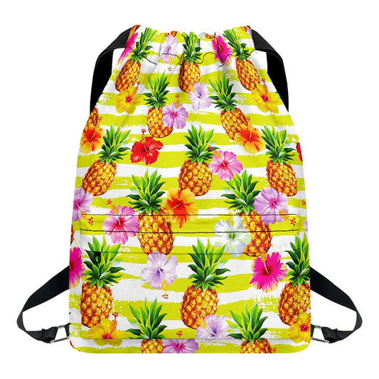Yellow Striped Pineapple Pattern Print Drawstring Backpack