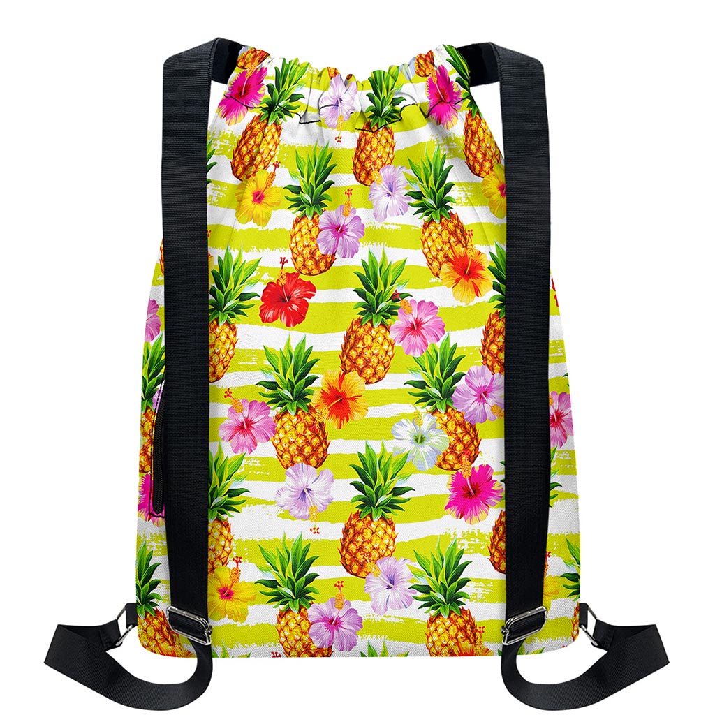 Yellow Striped Pineapple Pattern Print Drawstring Backpack