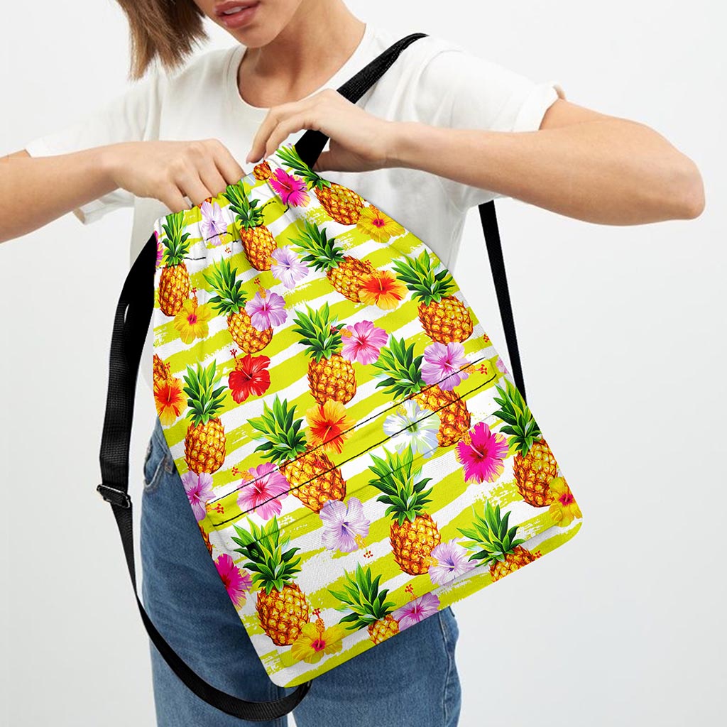 Yellow Striped Pineapple Pattern Print Drawstring Backpack