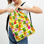 Yellow Striped Pineapple Pattern Print Drawstring Backpack