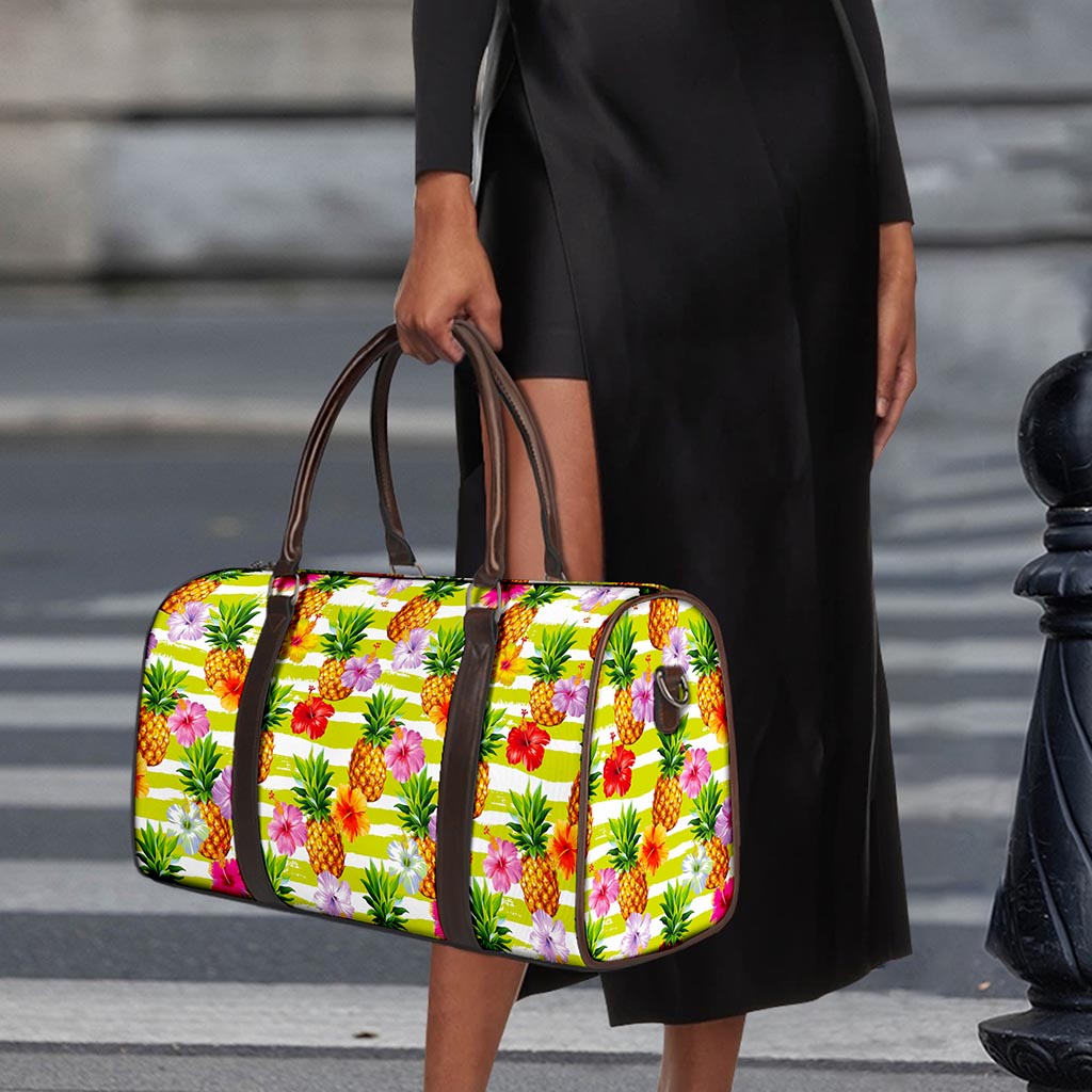 Yellow Striped Pineapple Pattern Print Duffle Bag