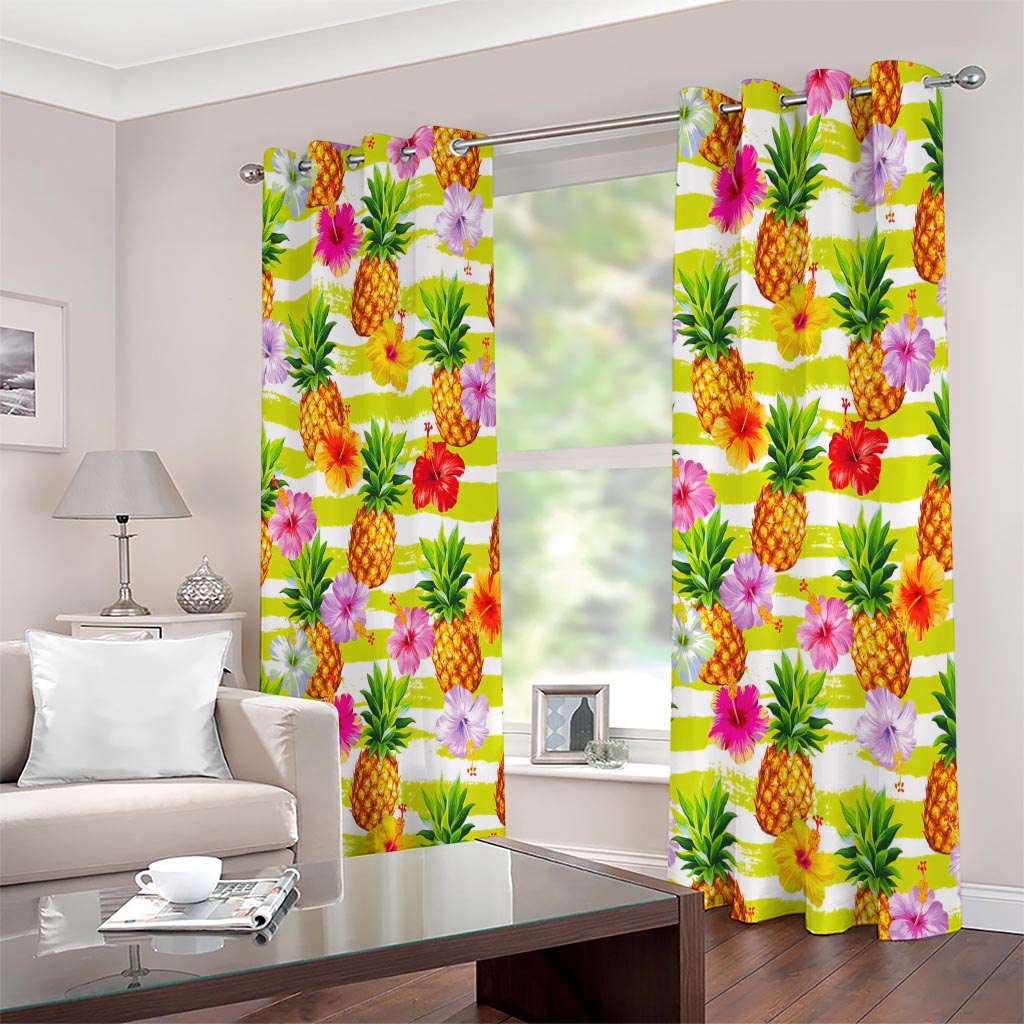 Yellow Striped Pineapple Pattern Print Extra Wide Grommet Curtains