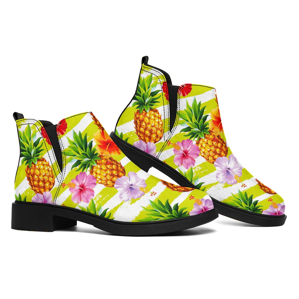 Yellow Striped Pineapple Pattern Print Flat Ankle Boots
