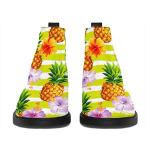 Yellow Striped Pineapple Pattern Print Flat Ankle Boots
