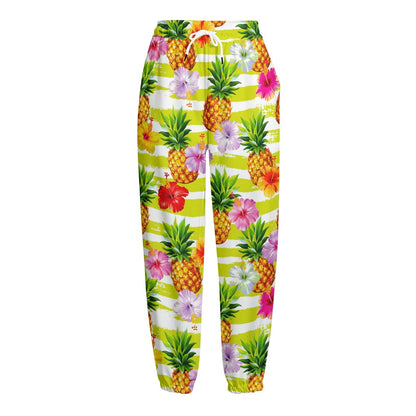 Yellow Striped Pineapple Pattern Print Fleece Lined Knit Pants